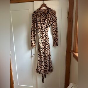 Diane Von Furstenberg Tan and Black Leopard Long Sleeve Wrap Dress